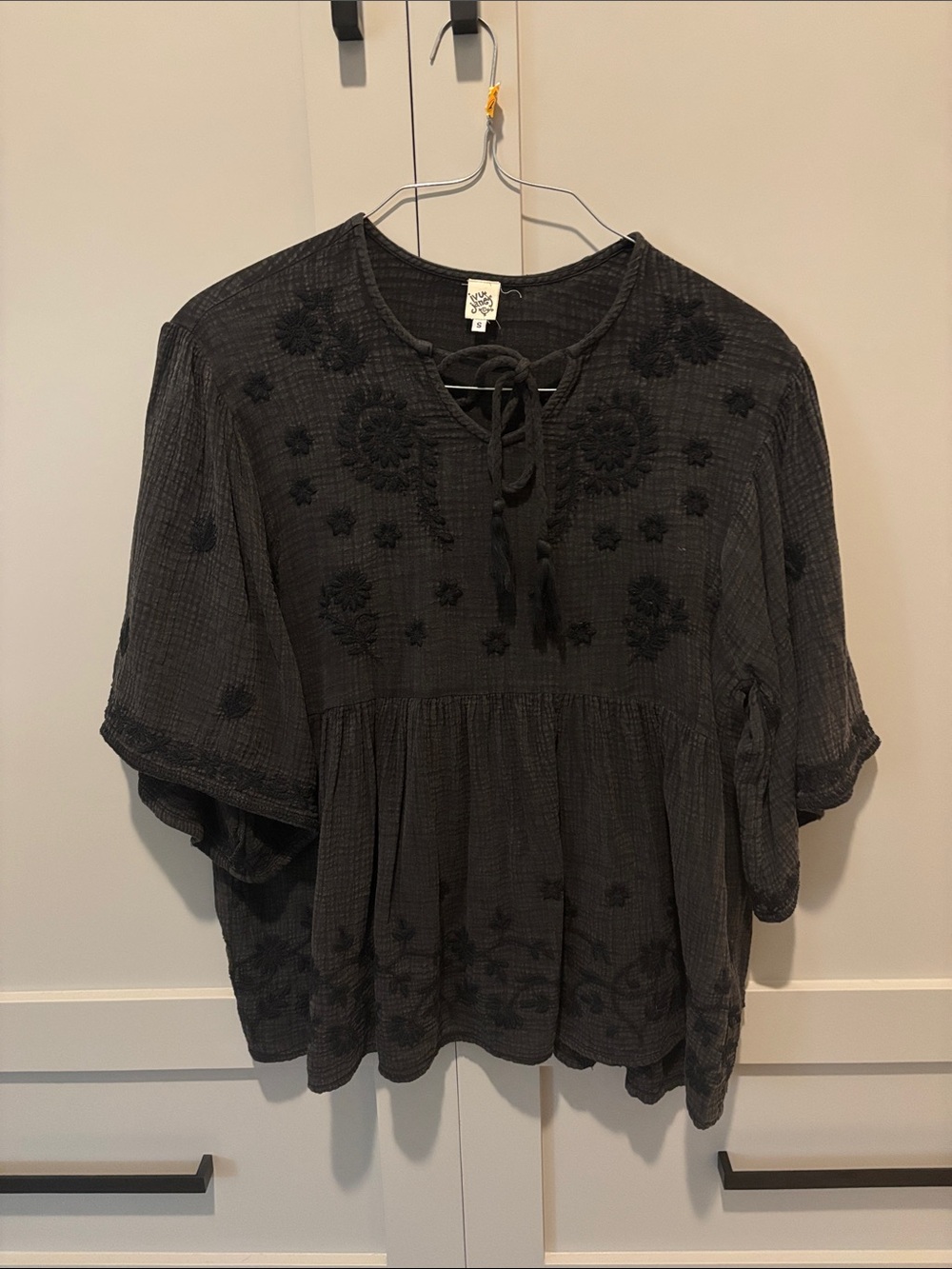 Free People Black Embroidered Peasant Tunic Top